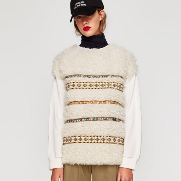 Zara Sweaters - Zara Embroidered Embellished Shaggy Sweater Mongolian Shearling Fur Look